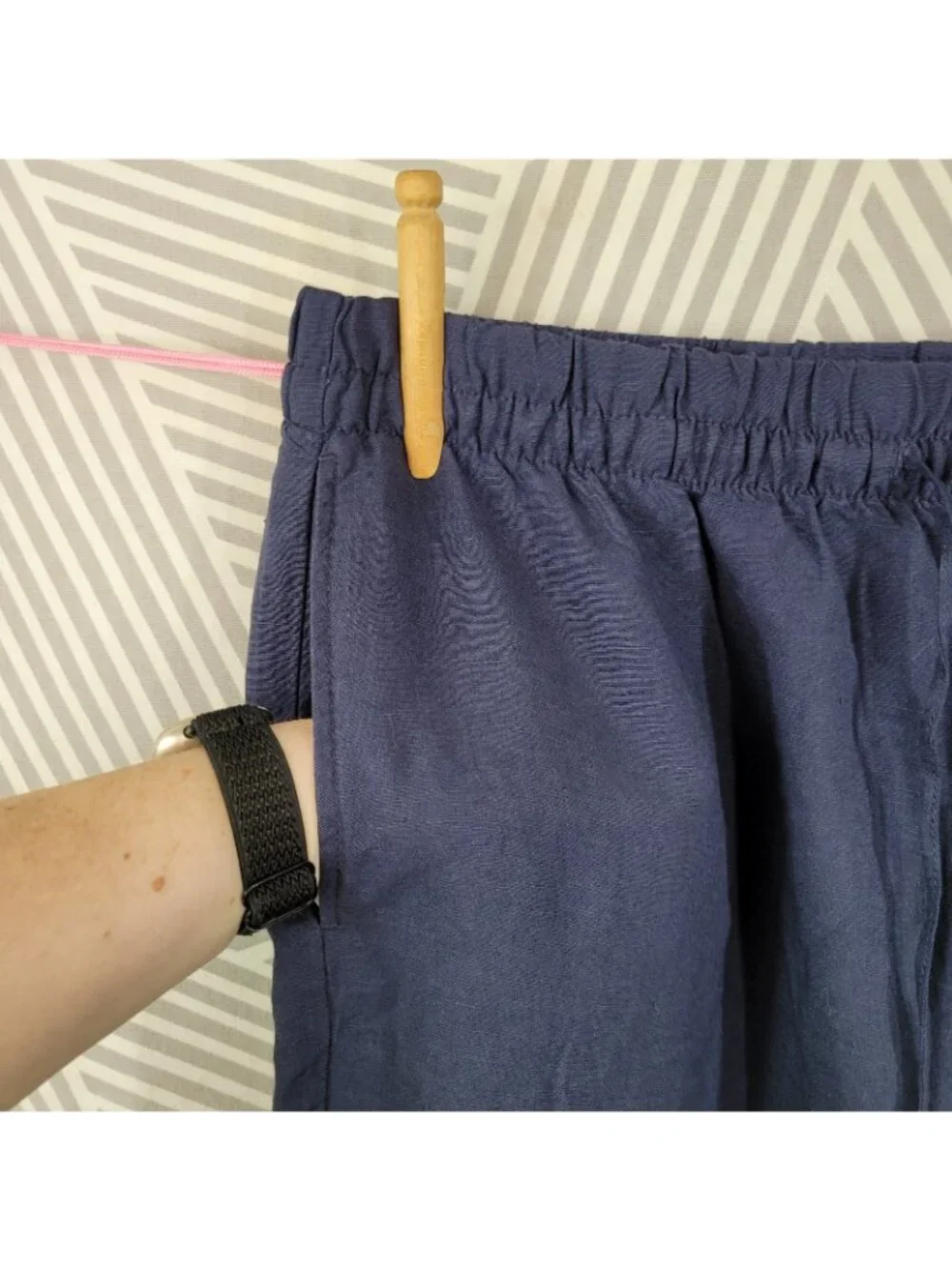 NEW H&M Blue Linen Wide-Leg Pants Large Drawstring Elastic Waist Navy Pull On